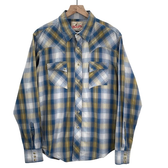 Wrangler Western Shirt Long Sleeve Button Up Pearl Snaps Blue Tan Plaid | Large - Picture 3 of 14
